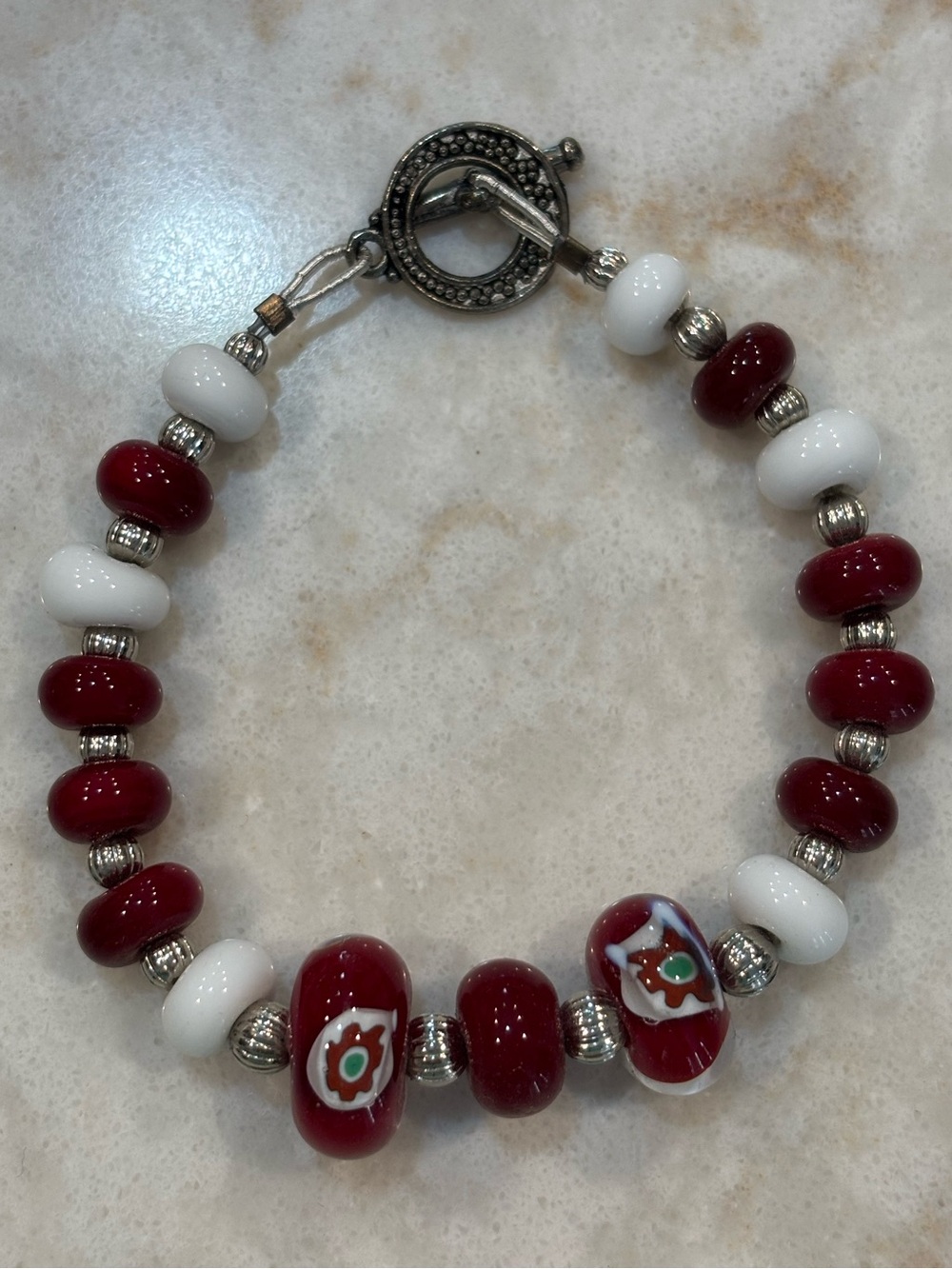 Red and White Glass Bead Bracelet - Designer Style